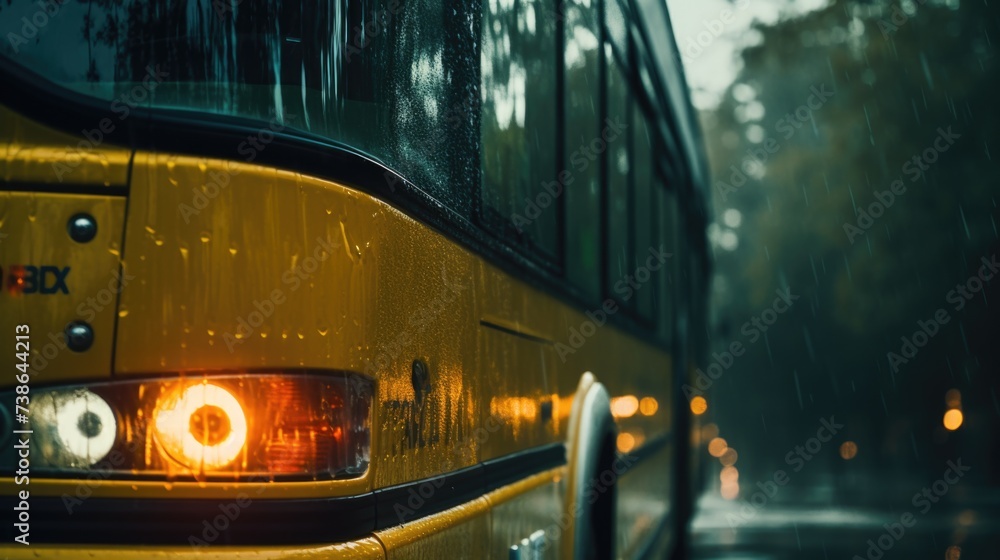 Poster a close up view of a yellow bus in the rain. this image can be used to depict a rainy day or transpo