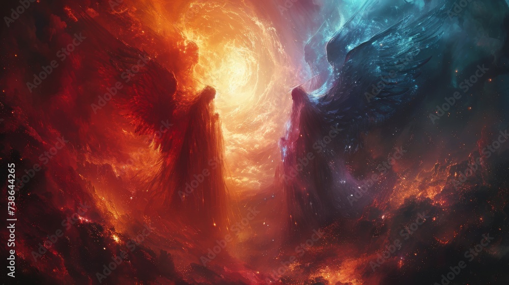 Wall mural Angel and demon locked in an eternal dance around a dying star battling for its fate