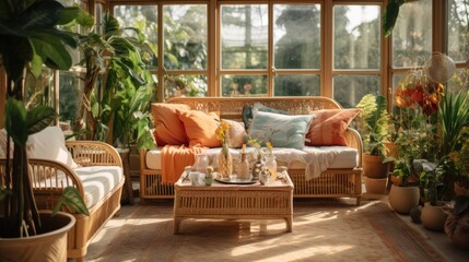 Fototapeta premium A comfortable sun room with a couch, coffee table, and potted plants. Perfect for relaxing and enjoying the natural light. Ideal for home decor and interior design projects