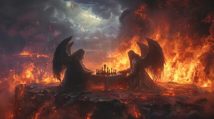 Angel and demon engaging in a high stakes game of chess on a plateau overlooking a sea of lava