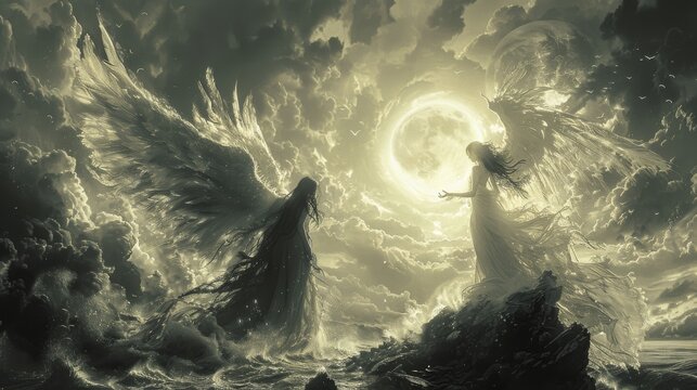Angel and demon engaging in a battle of wills atop a lighthouse light vs shadow
