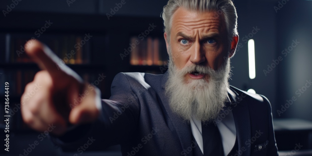 Poster a man wearing a suit pointing at something. suitable for business and professional concepts