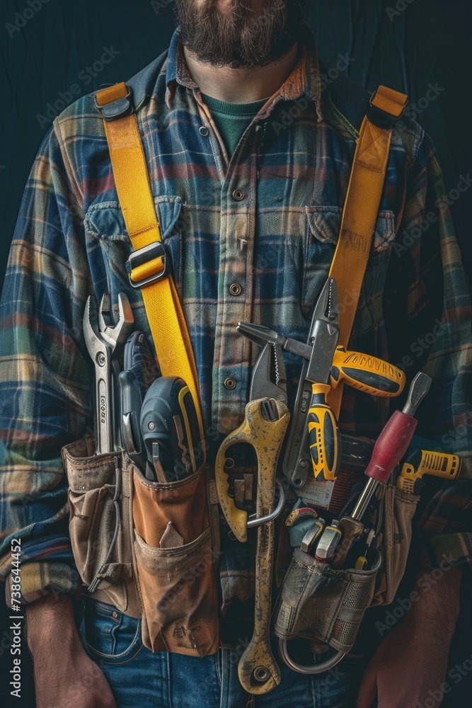 Poster a picture of a man with a beard wearing a tool belt. this image can be used to depict a handyman, co