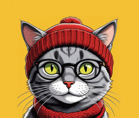 Funny portrait of grey cat in glasses and red knitted hat on yellow background. 