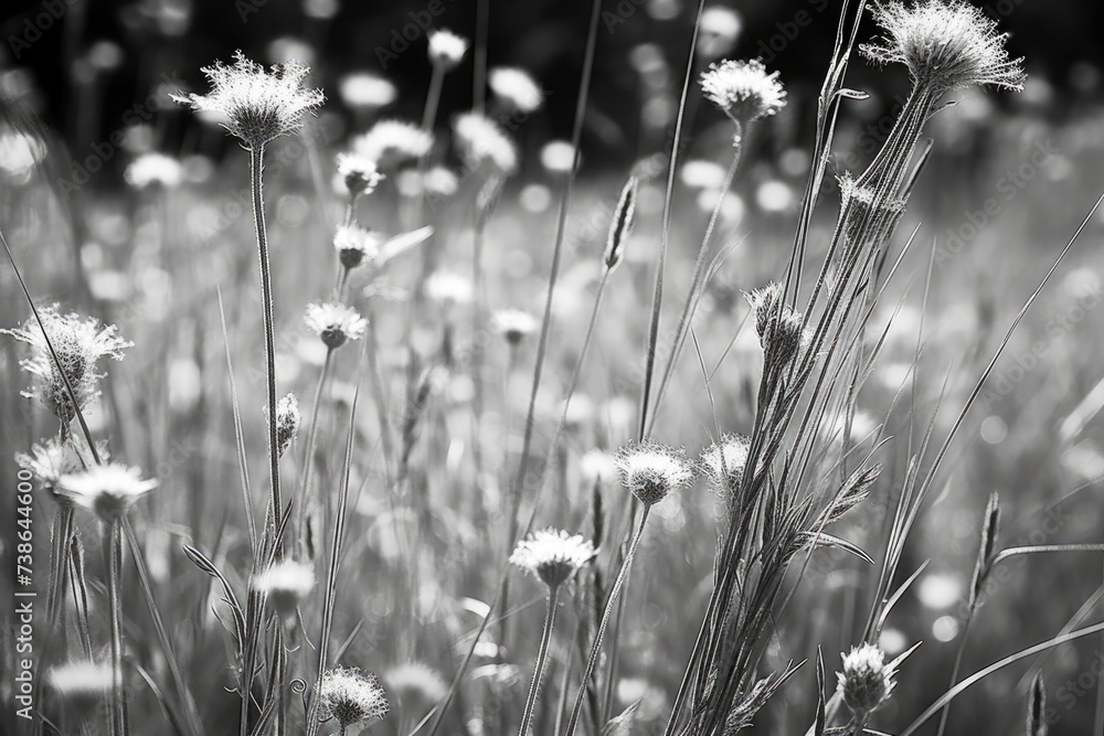 Aufkleber A captivating black and white photo capturing a field of beautiful flowers. This versatile image can be used in various projects