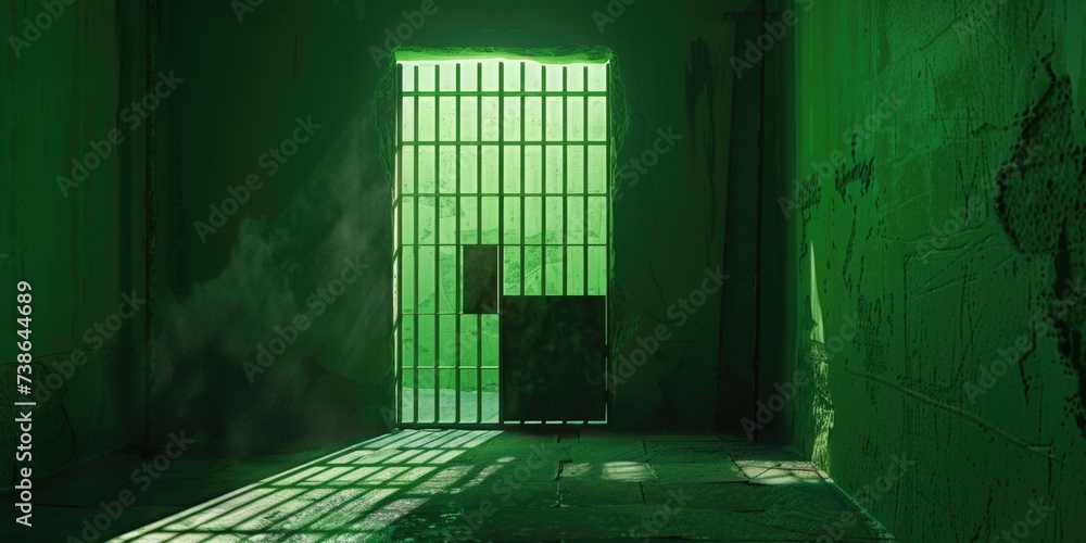 Poster a jail cell door with a green light shining through. this image can be used to depict hope or freedo