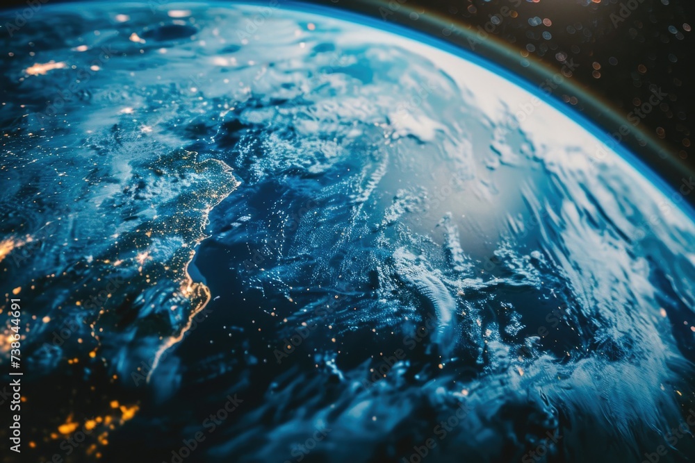 Poster a captivating view of the earth from space at night. this image showcases the illuminated cities and