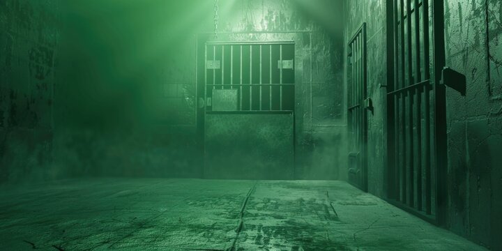 A jail cell surrounded by a thick green fog. Perfect for illustrating the eerie atmosphere of a prison or a mysterious crime scene