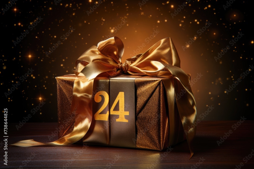 Poster a gift box with a golden ribbon and a number 24 on it. perfect for birthdays, anniversaries, and spe