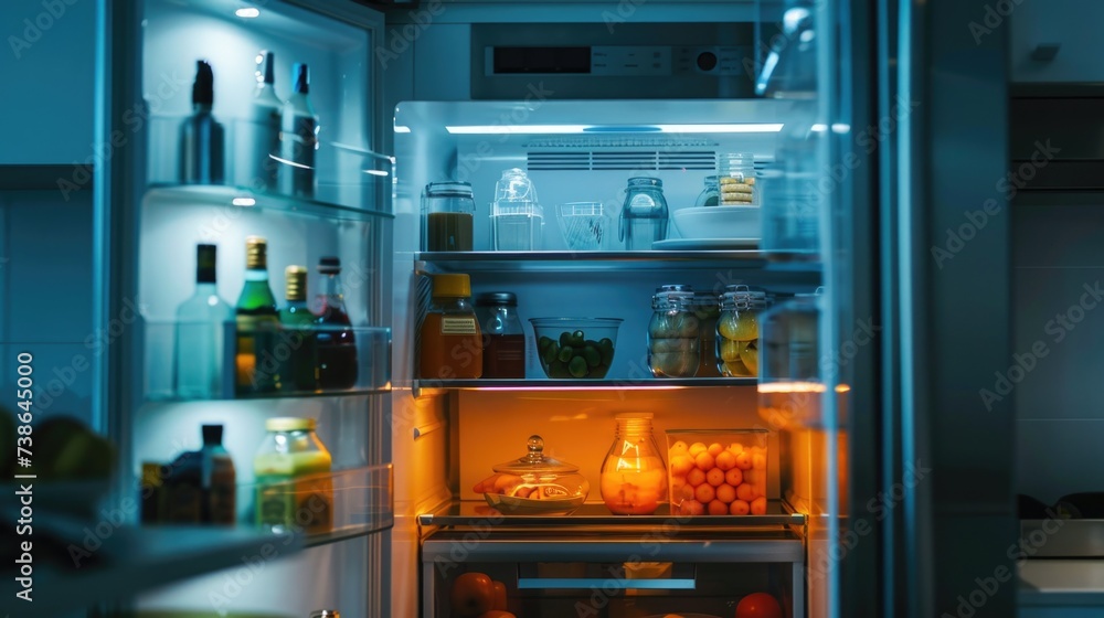 Poster an open refrigerator filled with a variety of food and drinks. ideal for illustrating a well-stocked