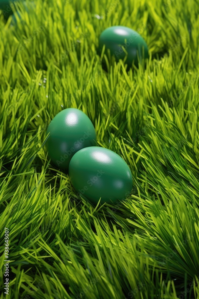 Poster three green eggs are seen resting on top of a lush green field. this image can be used to depict con
