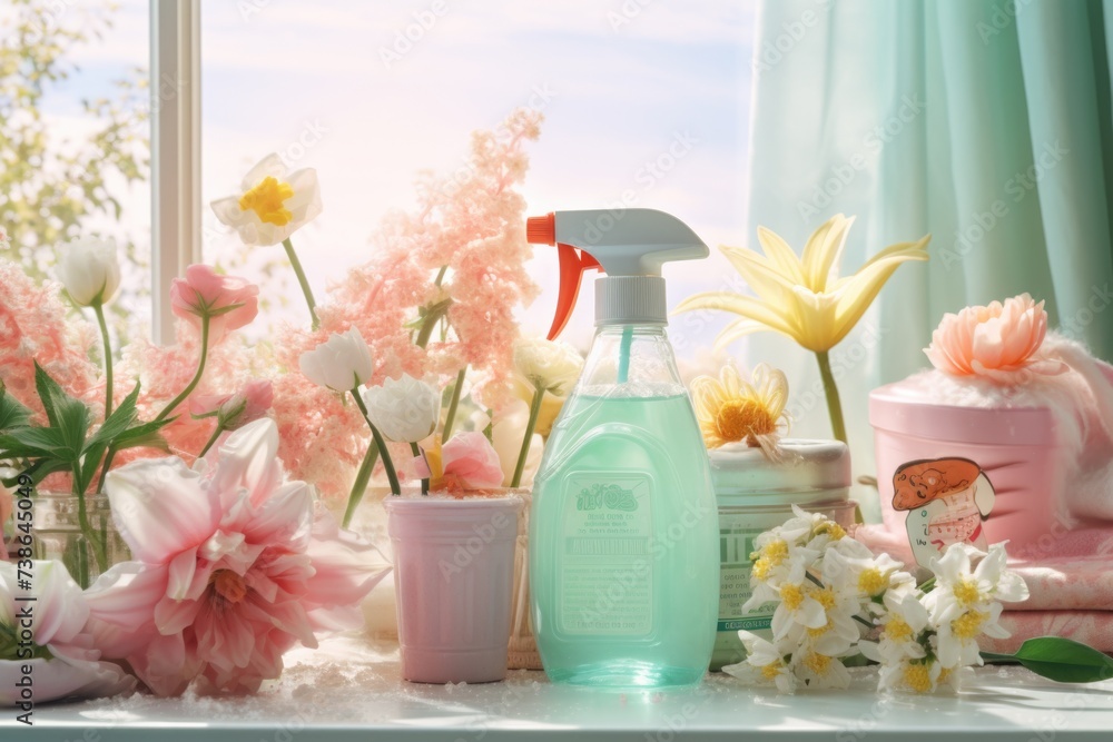 Poster A window sill with a beautiful arrangement of flowers and a bottle of cleaner. Perfect for showcasing cleanliness and adding a touch of nature to any space