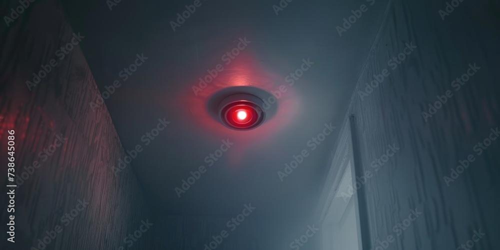Poster A picture of a red light located in the center of a hallway. This image can be used to create a mysterious or suspenseful atmosphere in various projects