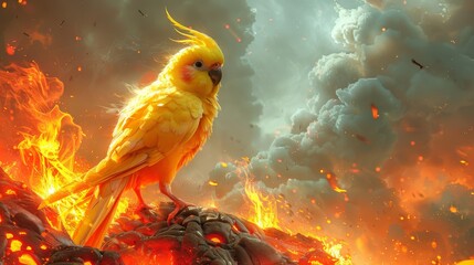 Cockatiel with sulfurous plumes singing ominous tunes from atop a lava flow