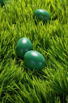 Three green eggs are seen resting on top of a lush green field. This image can be used to depict concepts of growth, new beginnings, and fertility
