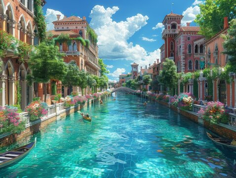 City with crystal clear canals for streets boats gliding silently under stone bridges