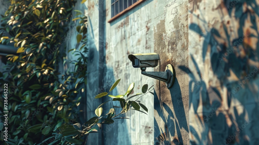 Poster a camera mounted on the side of a building. can be used for surveillance or security purposes
