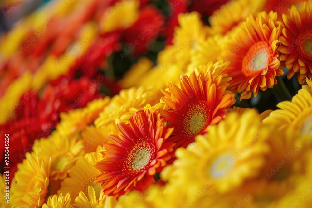 Poster A close-up view of a bunch of yellow and red flowers. Perfect for adding a pop of color to any project