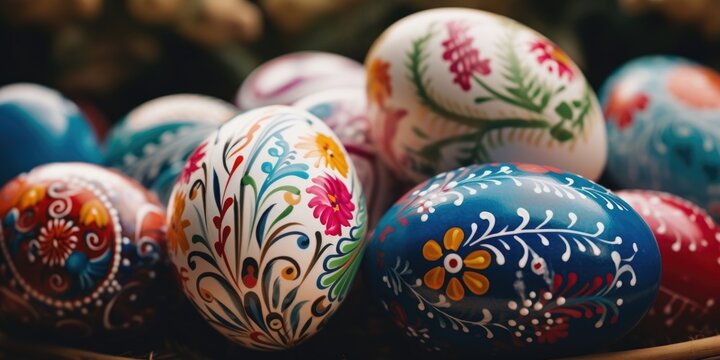 A basket filled with colorful painted eggs sitting on top of a table. Perfect for Easter decorations or festive spring-themed projects
