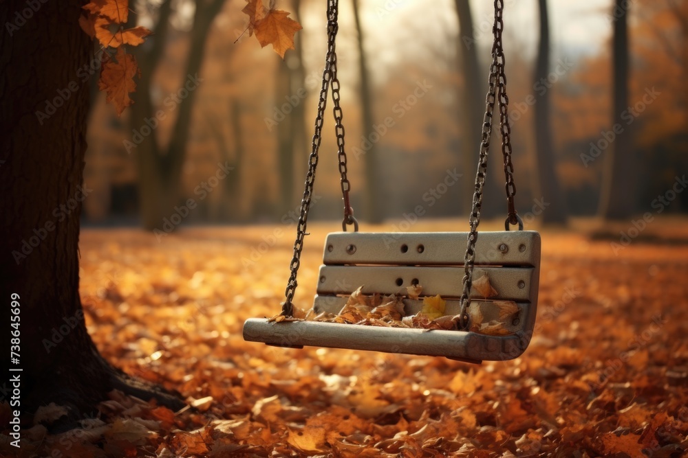 Poster a swing hanging from a tree in a park. perfect for outdoor recreation and enjoying nature
