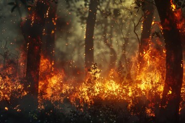 A raging fire burning in a forest. Suitable for environmental or emergency concepts - obrazy, fototapety, plakaty