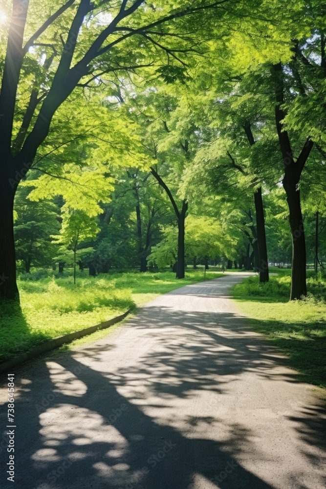Poster A picture of a paved road with trees and grass on both sides. Suitable for various projects and designs