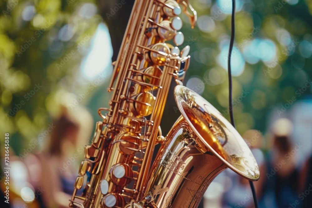 Poster close-up photo of a saxophone with people in the background. suitable for music-related projects and
