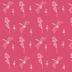 A pattern of dragonflies and flowers