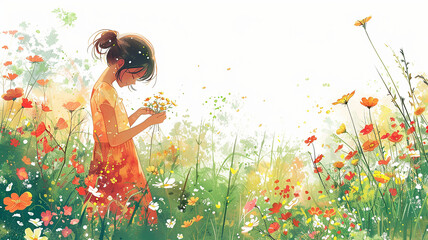  Whimsical girl picking wildflowers in a sun-dappled meadow on transparent background.