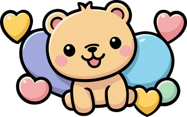 Fototapeta premium Adorable baby brown bear cartoon sitting with heart isolated on transparent background png, cute cartoon clipart for nursery, children's book, party, kid-friendly character, baby shower