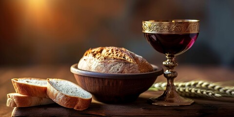 Bread and wine: Christian church communion symbol, Generative AI 