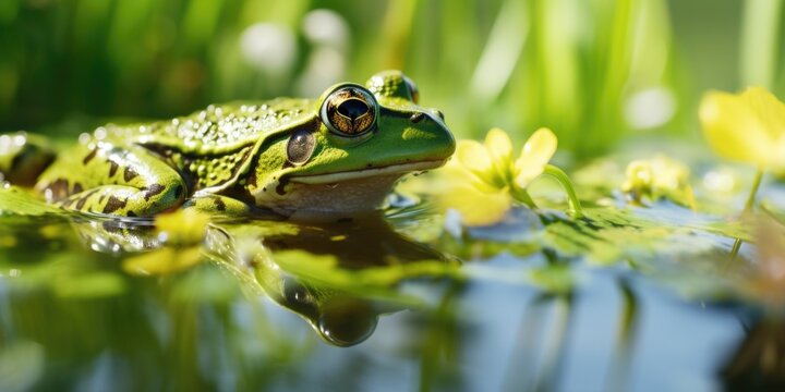 A frog peacefully sits on top of a leaf covered pond. This image can be used to depict nature, wildlife, or tranquility