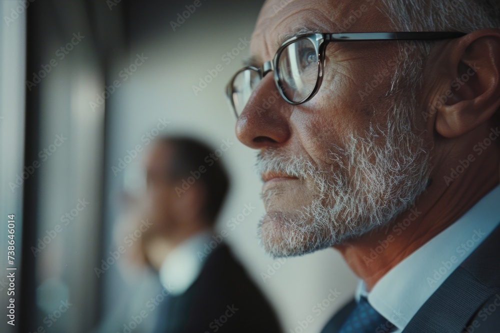 Poster a man in a suit and tie looking off to the side. suitable for business and corporate concepts