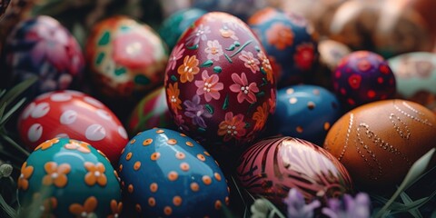 Fototapeta na wymiar A basket filled with lots of colorful painted eggs. Perfect for Easter decorations and festive celebrations