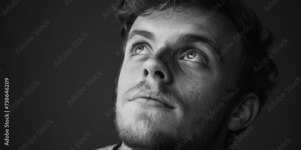 Poster a black and white photo of a man looking up. suitable for various applications