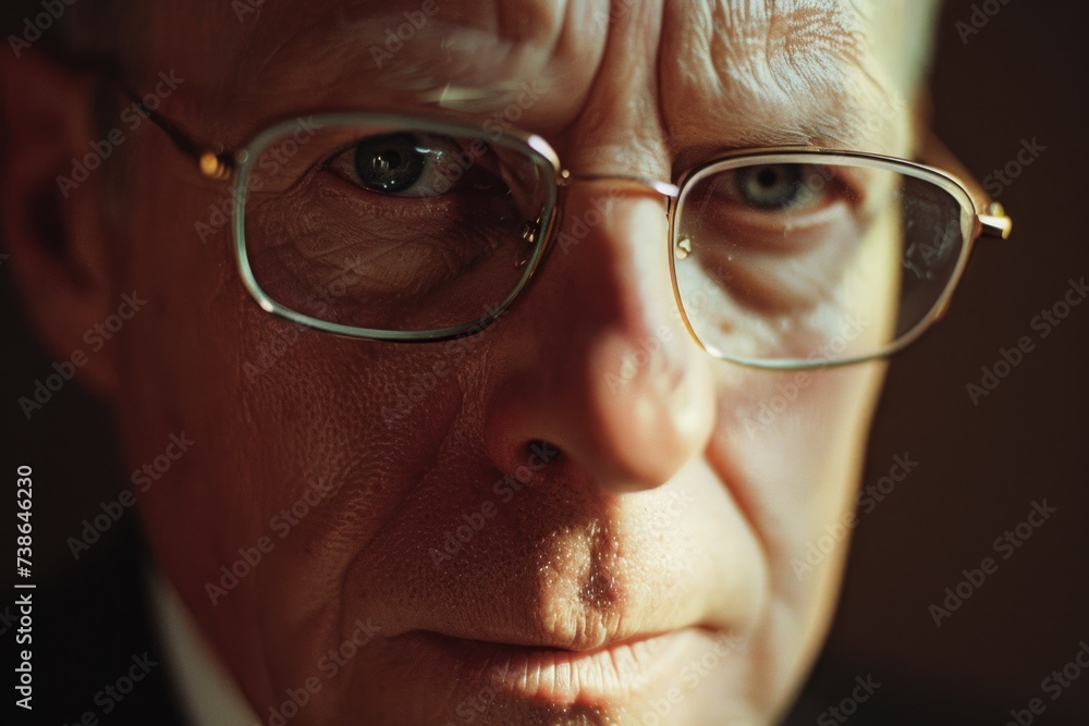 Poster a detailed shot of a man wearing glasses. versatile image suitable for various applications