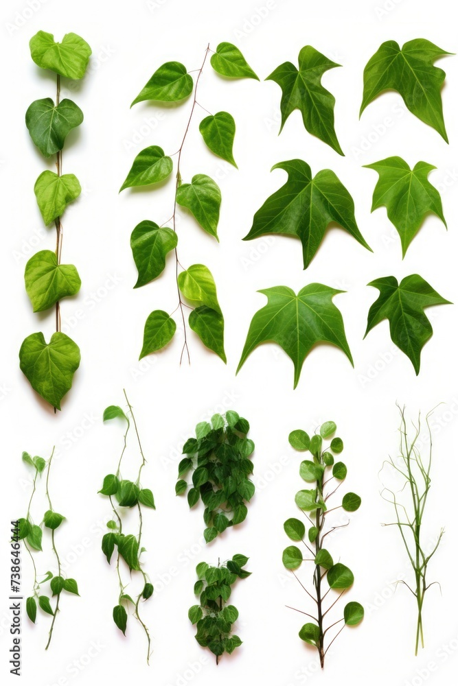 Poster A collection of different green leaves displayed on a white surface. Versatile and suitable for various projects
