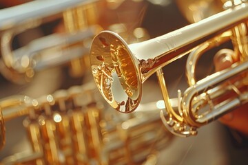 A detailed close-up shot of a person playing a trumpet. Perfect for music-related projects and...