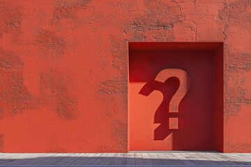 A red door with a question mark symbol on it. Can be used to represent uncertainty or mystery in various concepts and situations