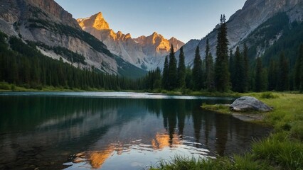 lake surrounded by forest and mountains - obrazy, fototapety, plakaty
