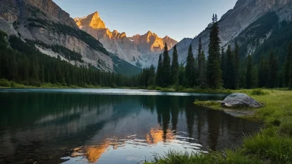 Tuinposter lake surrounded by forest and mountains © billy