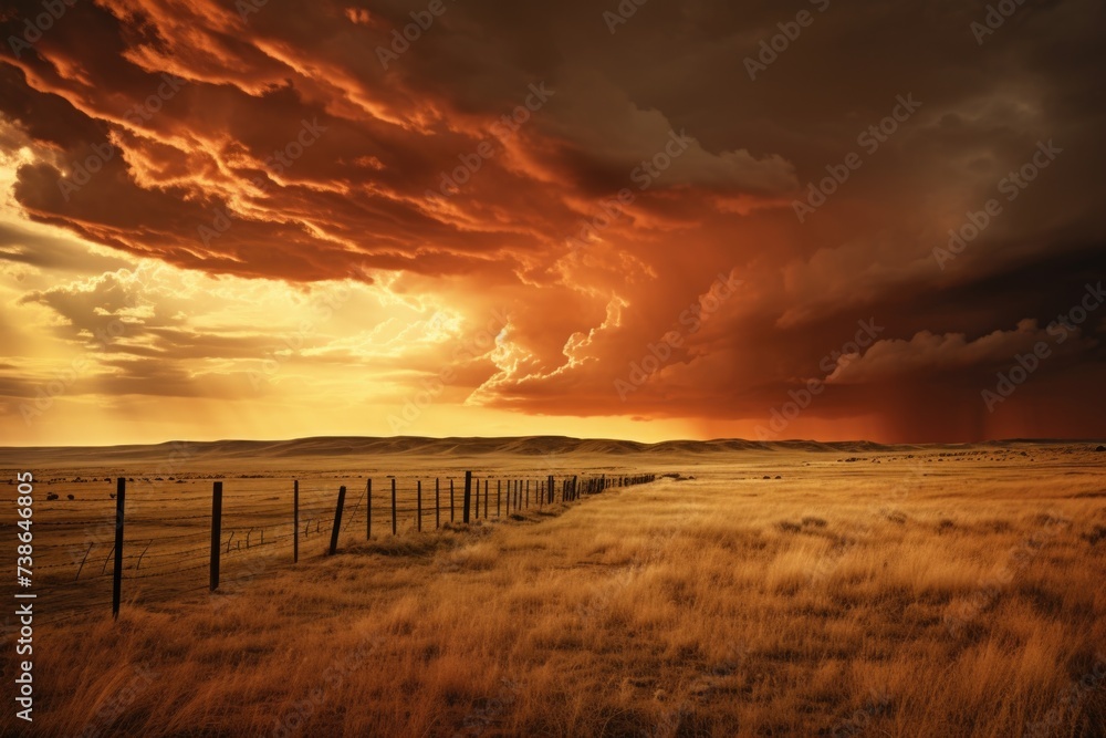 Poster a picture of a field with a fence in the middle. perfect for agricultural or rural-themed projects
