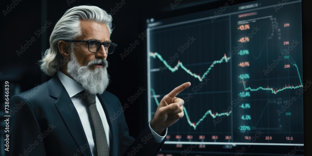 Poster a man in a suit pointing at a computer screen. suitable for business presentations or technology con