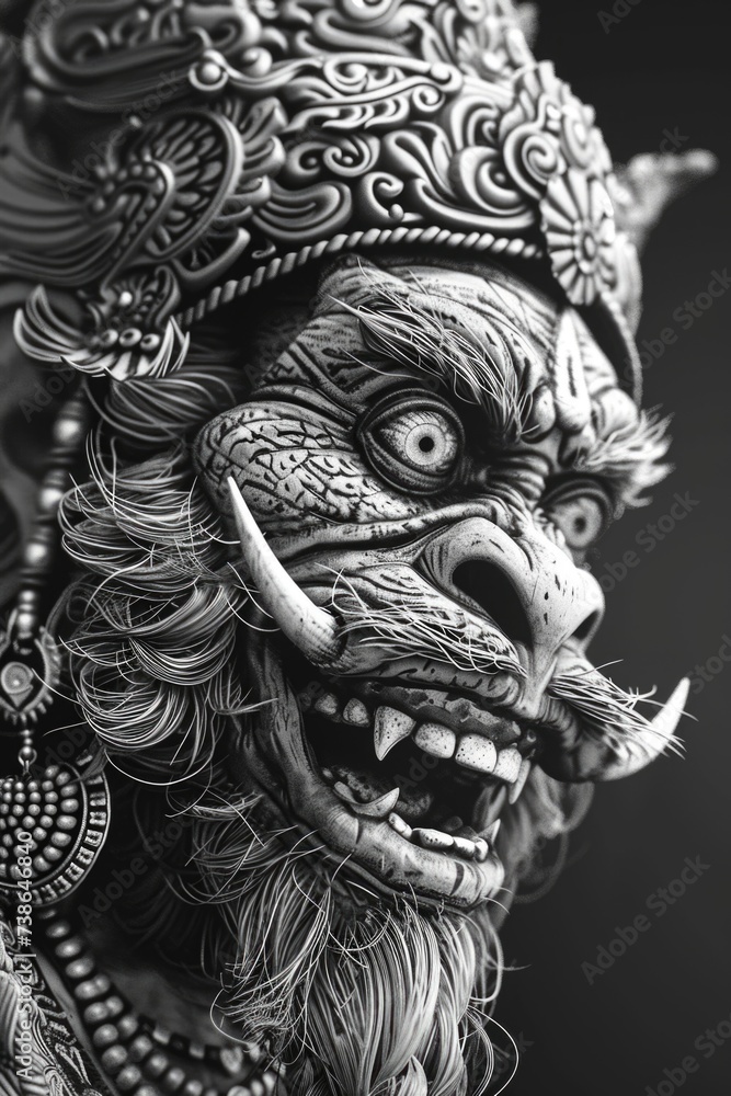 Poster A black and white photo featuring a statue of a demon. This image can be used to add a haunting and mysterious atmosphere to various projects