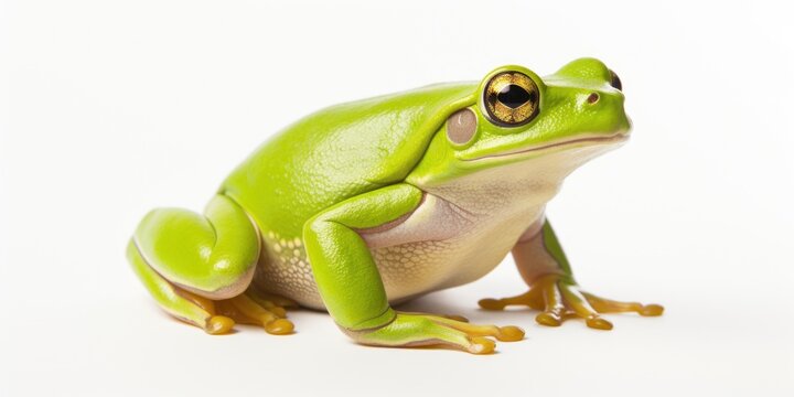 A green frog sitting on top of a white surface. Can be used for nature-themed designs or educational materials