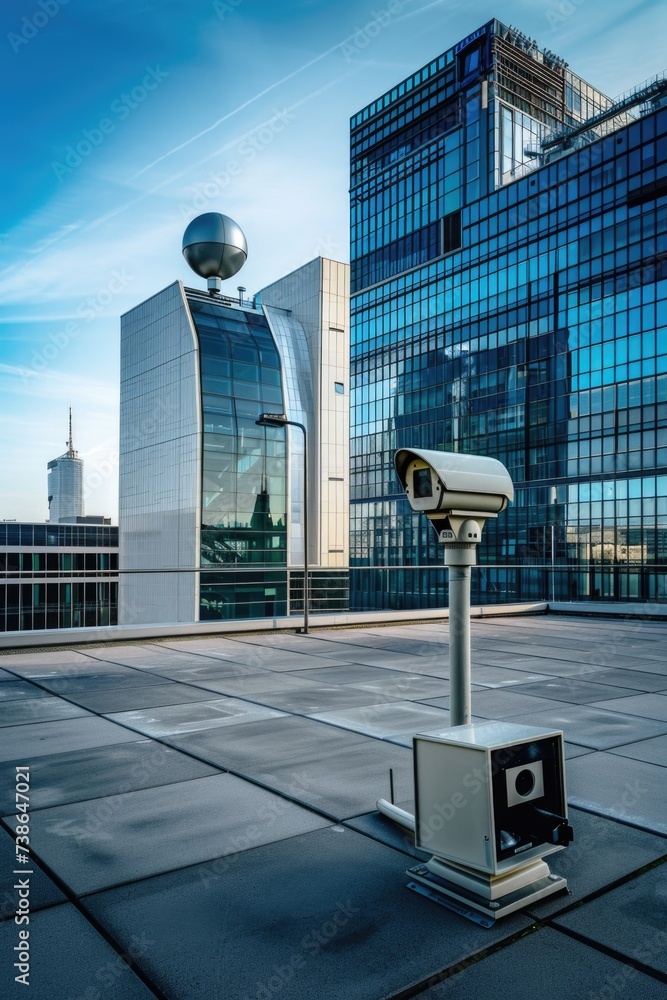 Poster Two surveillance cameras positioned on top of a building. Suitable for security and monitoring concepts