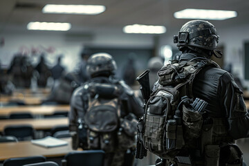 A group of policemen or anti-terrorists running into a school or a classroom
 - obrazy, fototapety, plakaty