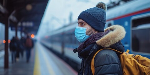 A man donning a face covering to prevent the spread of a viral illness while waiting at a train station.
