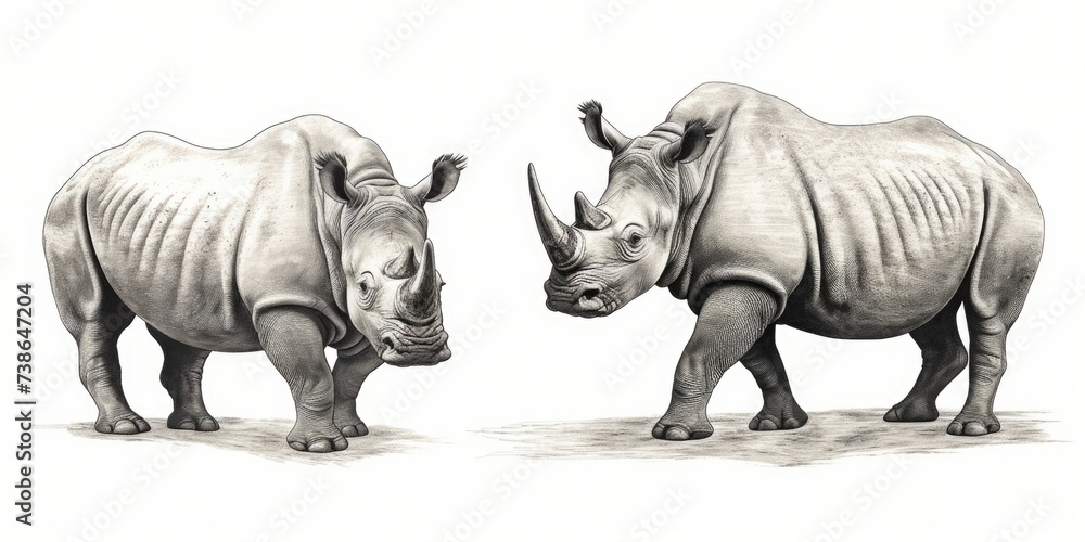 Poster a picture of a couple of rhinos standing next to each other. suitable for wildlife enthusiasts and a
