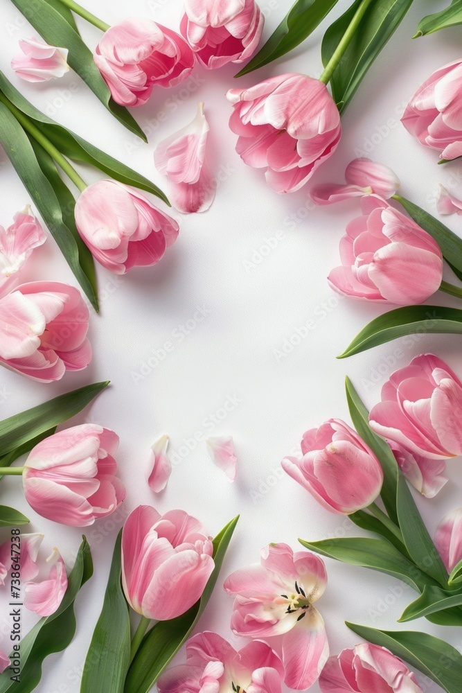Aufkleber pink tulips arranged in a circle on a white surface. suitable for floral arrangements and spring-the